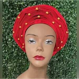 African Aso Oke head wrap (Auto Gele) Elegant Beaded Auto-Gele.